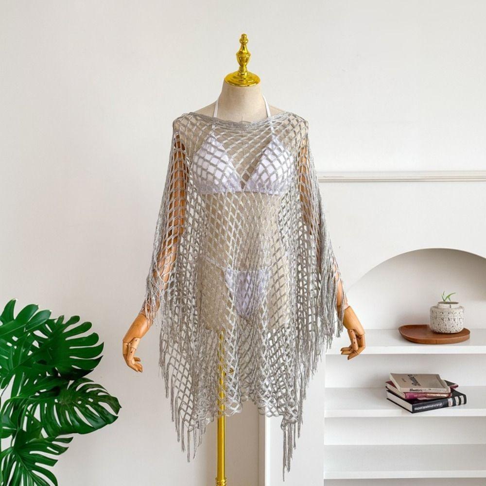 Tassel Sunscreen Cover-up Loose Fit Knit Hollow Out Top Fashion Fishnet Swimsuit Cover Up  Vacation