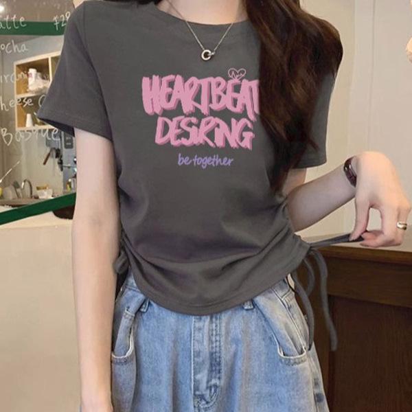 

Women s Drawstring Waist-Hugging Short Sleeve Top - Summer 2025 Collection L