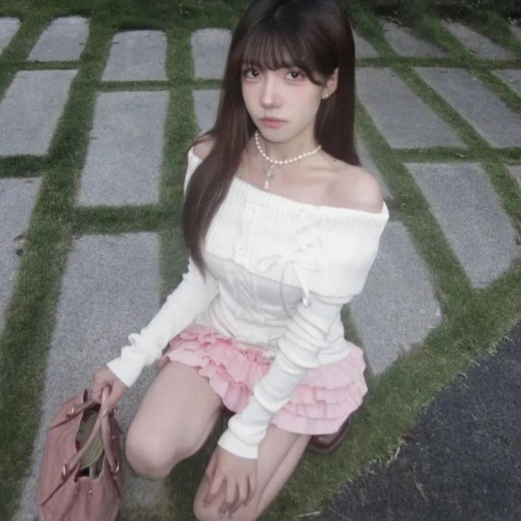 Vintage Elegant Streetwear Strikkede Gensere Kvinner Koreansk Mote Sexy Sløyfe Bandasje Slash Neck Slank genser Solid Chic