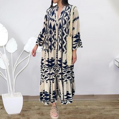 Spring Summer Women Dress V Neck Floral Print Loose A-line Big Swing Long Sleeves Bohemian Ethnic Plus Size Vacation Beach Maxi Dress