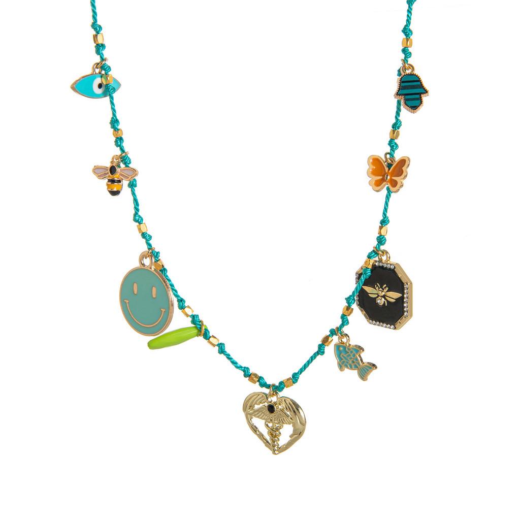 Geometric Copper Pendant Necklace With Colorful Dangle Charms For Unisex Fashion Accessory