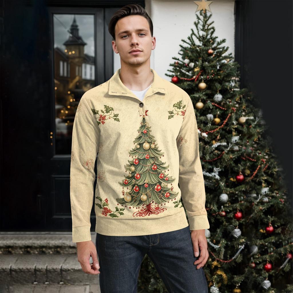 Men's Christmas Cotton Pullover Long Sleeve Outdoor Shirt Vintage Corduroy Button Stand Collar Shirt Casual Sweatshirt Christmas Print Top