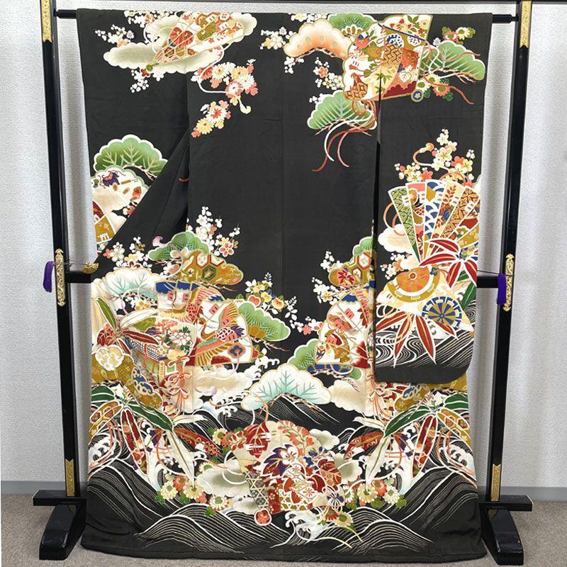 Used 606aa20Antique kimono, furisode, five crests, wave and imperial carriage, retro modern, Taisho Roman, Showa retro, Japanese and Western MIXGood