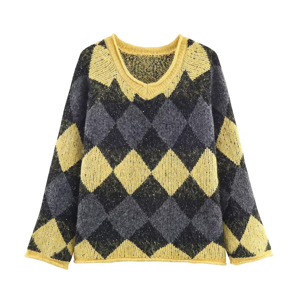 European and American style, new women's clothing, foreign style, fashionable, casual rhombus plaid pullover knitted sweater
