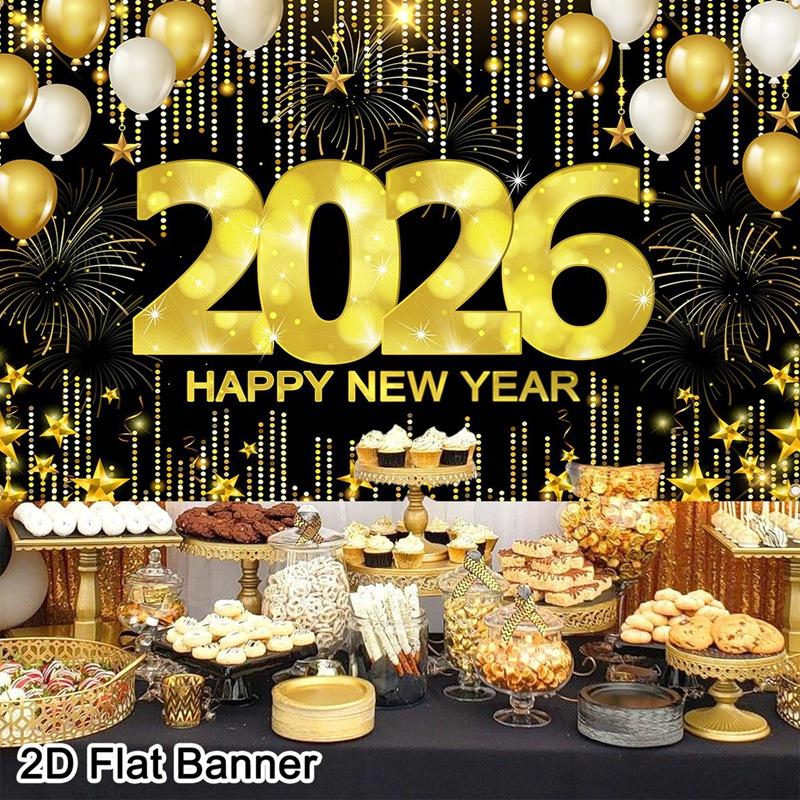 2026 Happy New Year Backdrop Banner Fireworks Black Gold New Year Celebrations Christmas Party Photo Background Decoration Gifts