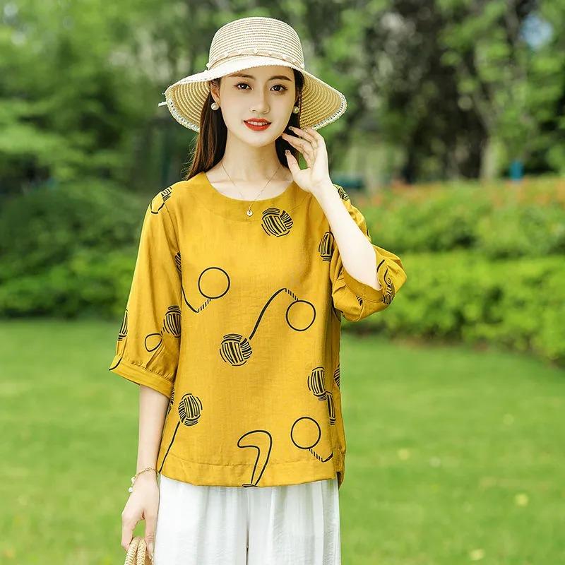 Summer Printed Cotton and Linen T-shirt Mid-sleeve Fashionable Shirt Loose Large Size Middle-aged and Elderly Women's Summer Top