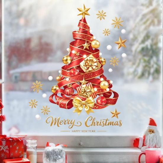 Reusable Glass Film 2Pcs Christmas Tree Static Stickers, Red Ribbon Window Clings, Clings Removable PVC Stickers for Home Store Doors Decorations