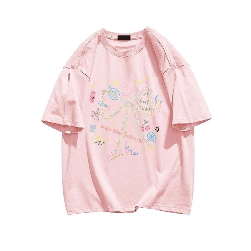 

2025 Летняя повседневная свободная футболка женская уличная одежда Harajuku розовые банты с принтом футболки с коротким рукавом для женщин одежда Y2k Топы XL