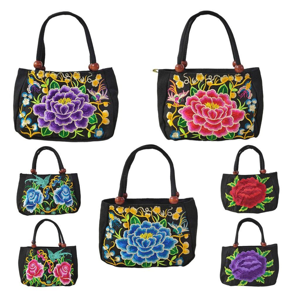 Leaf Ethnic Style Tote Bag Bird Rose Flower Shoulder Bag Elegant Embroidery Flower Handbag  Travel
