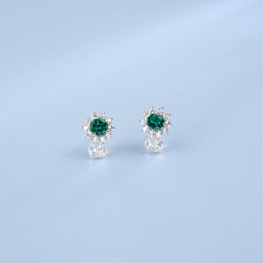 Zhou Hengfu S925 Sterling Silver Emerald Earrings - European & American Simple Fashion Light Luxury