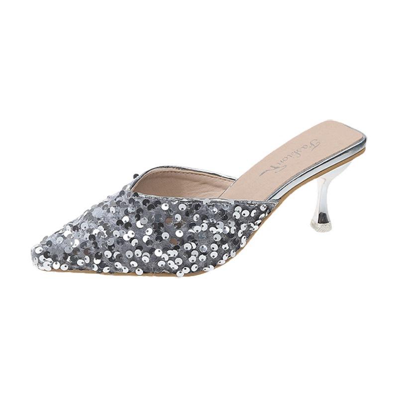 Silver bag head half slippers women's summer wear 2025 niche stiletto pointed sequined back empty high heels with skirt