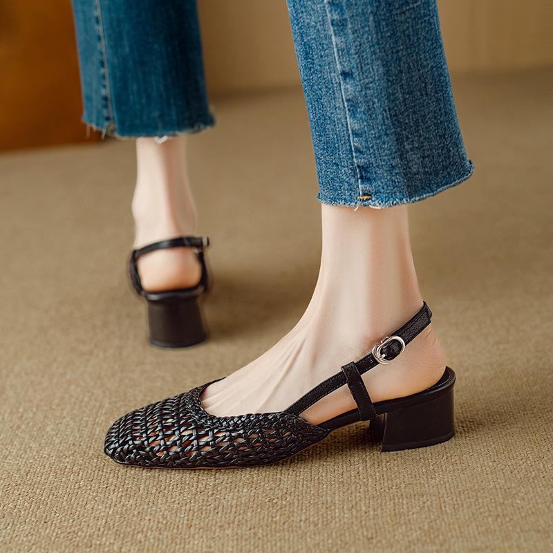 Fashion Women's Fashion Baotou Sandals 2025 Summer New Shallow Hollow Breathable One Line Square Head Buckle Sole Heel Shoes