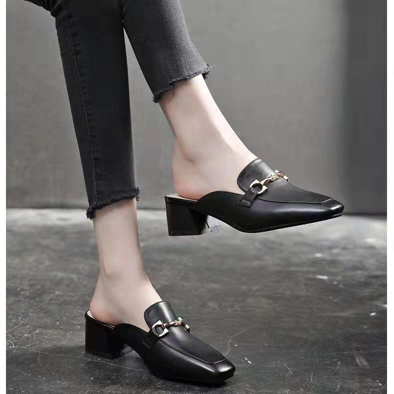 Baotou Half Slippers Women's Outer Wear 2025 Summer New Thick Heel Cool Slippers Muller Shoes Mid Heel Square Head Retro Single Shoes