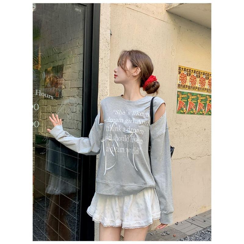 Autumn and Winter New Style Korean Design Bow Hollow Off-shoulder Letter Print Long-sleeved Off-shoulder Sweatshirt for Women