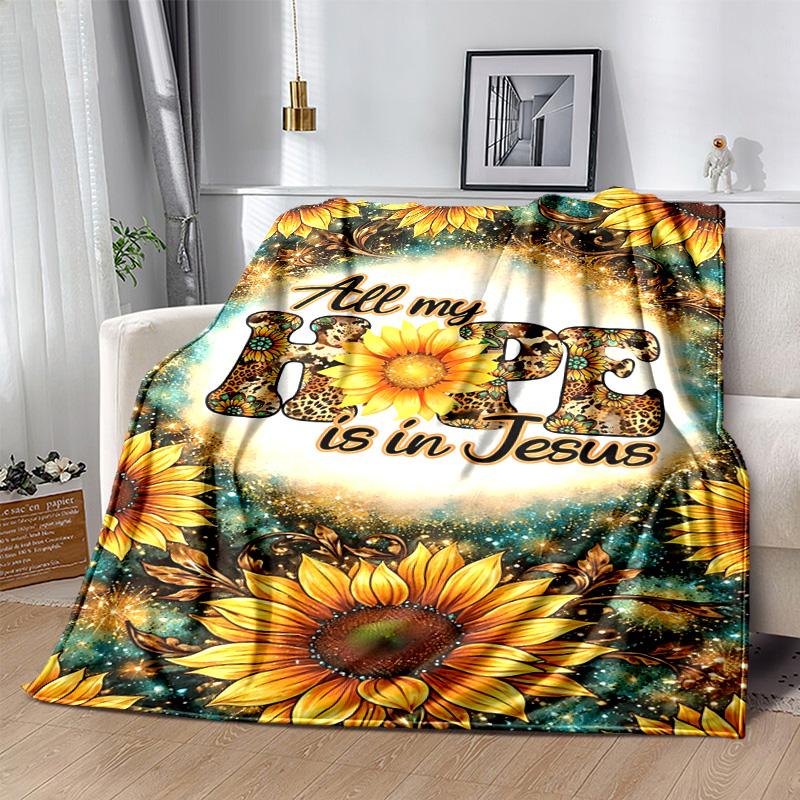 1pc Hope Jesus Floral Flannel Blanket Soft Warm Throw Blanket for Bedroom Living Room Bed Travel Camping Picnic Gift. M072201188