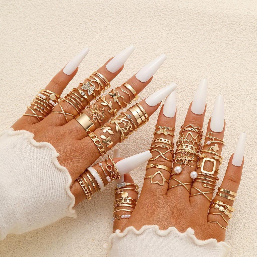 Fashion Minimalist Vintage Elegant Heart Butterfly Faux Pearl Rhinestone Geometric Wave Infinity Metal Rings Set Party Jewelry