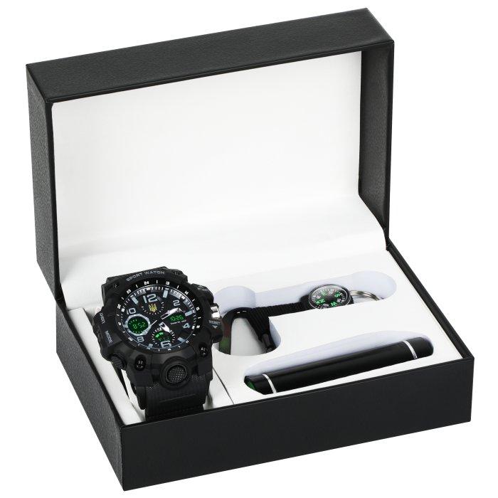 

Чоловічий водонепроникний тактичний годинник Besta Box Peremoga Light подарунковий набір, з компасом чорний