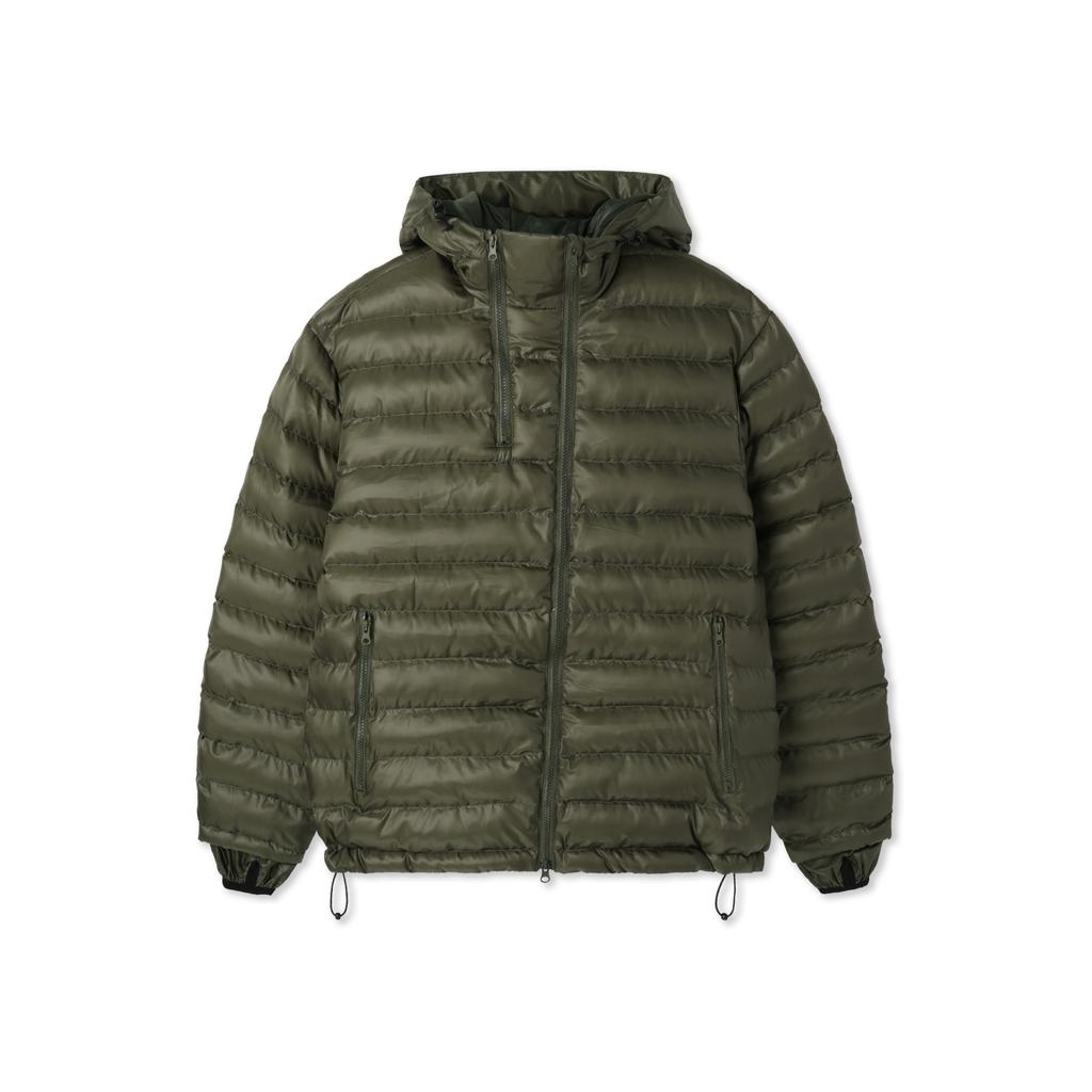 Apostrophe Comma Asymmetrical Two-Neck Hooded Light Padded Jacket_Khaki