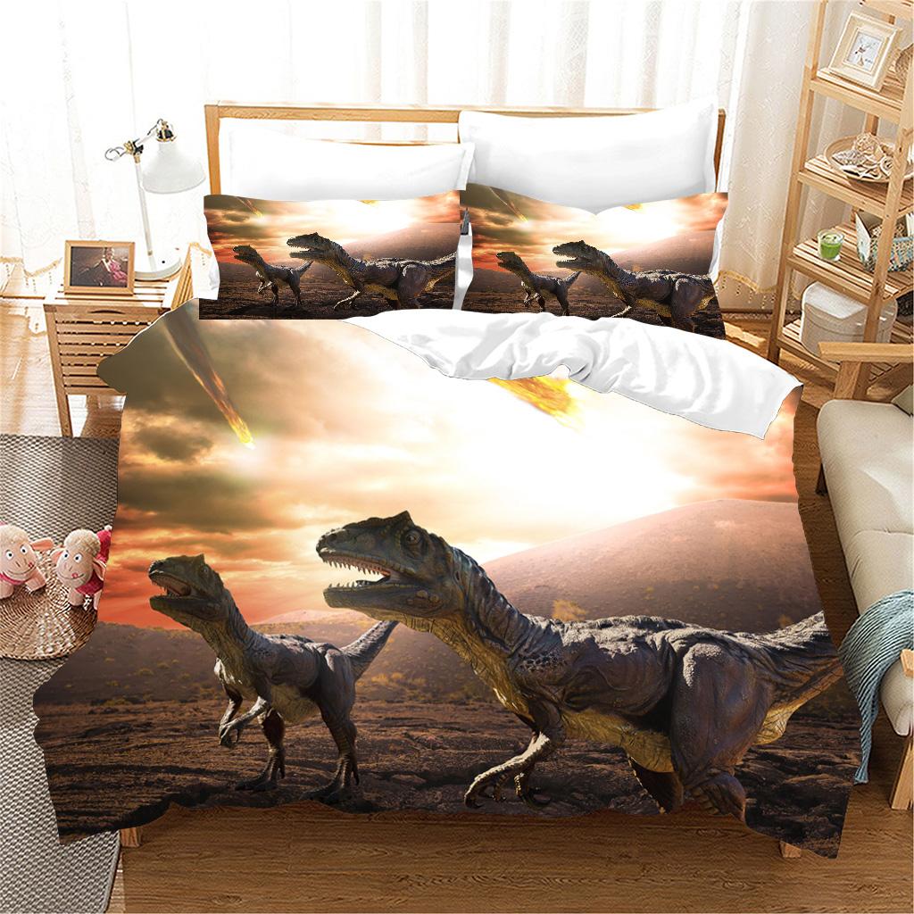 3 stk Sengesett 3d Dinosaur World Tyrannosaurus Rex Kids Barn Mikrofiber Polyester Seng Dynetrekk Sett Og 2 stk Putetrekk