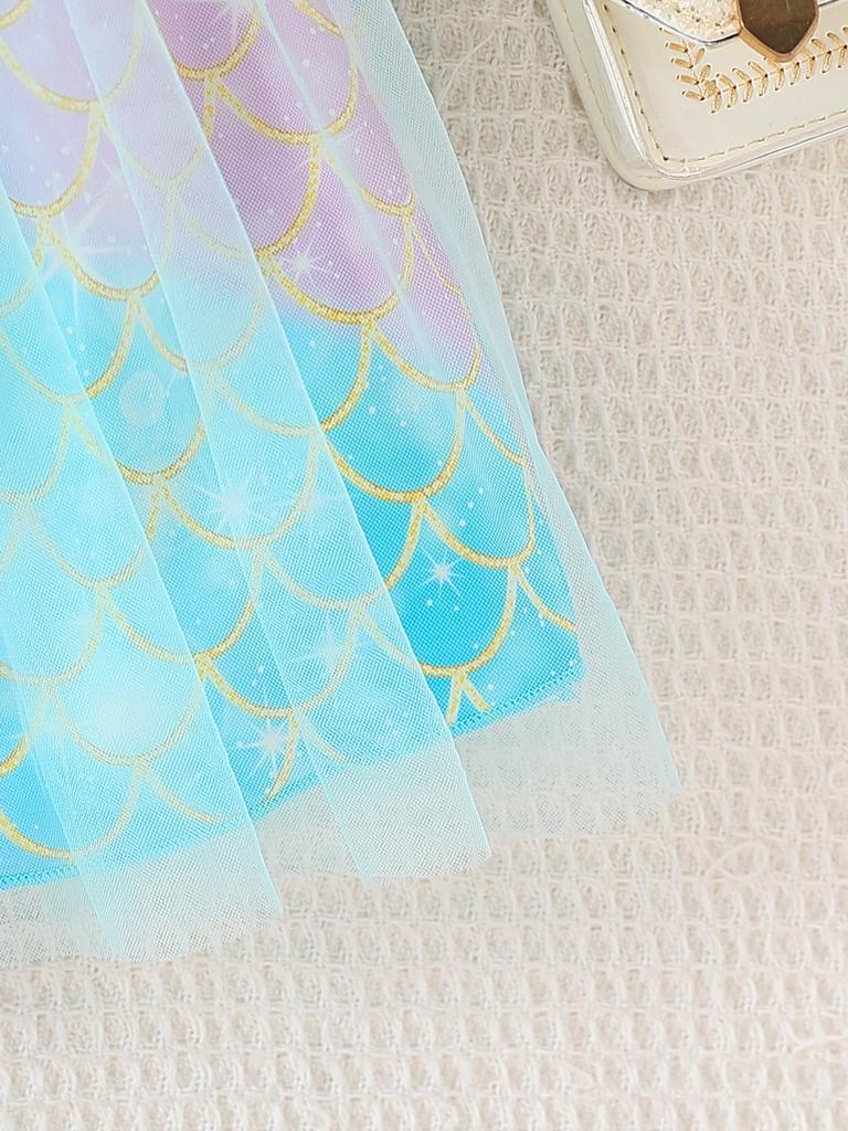 Vestido de Sirena de Verano para Niñas de 4 a 7 Años Estampado de Escamas de Pez Malla Mangas Volantes Doble Capa Lazo en la Cintura