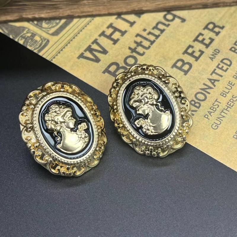 Vintage Cameo Court Style Earrings Matte Alloy Geometric Oval Studs Women