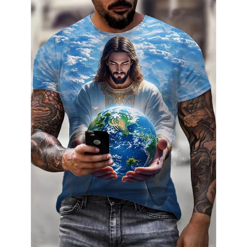 Men's 3D Jesus Graphic T Shirts Short Sleeve Casual Crew Neck Praying Hands