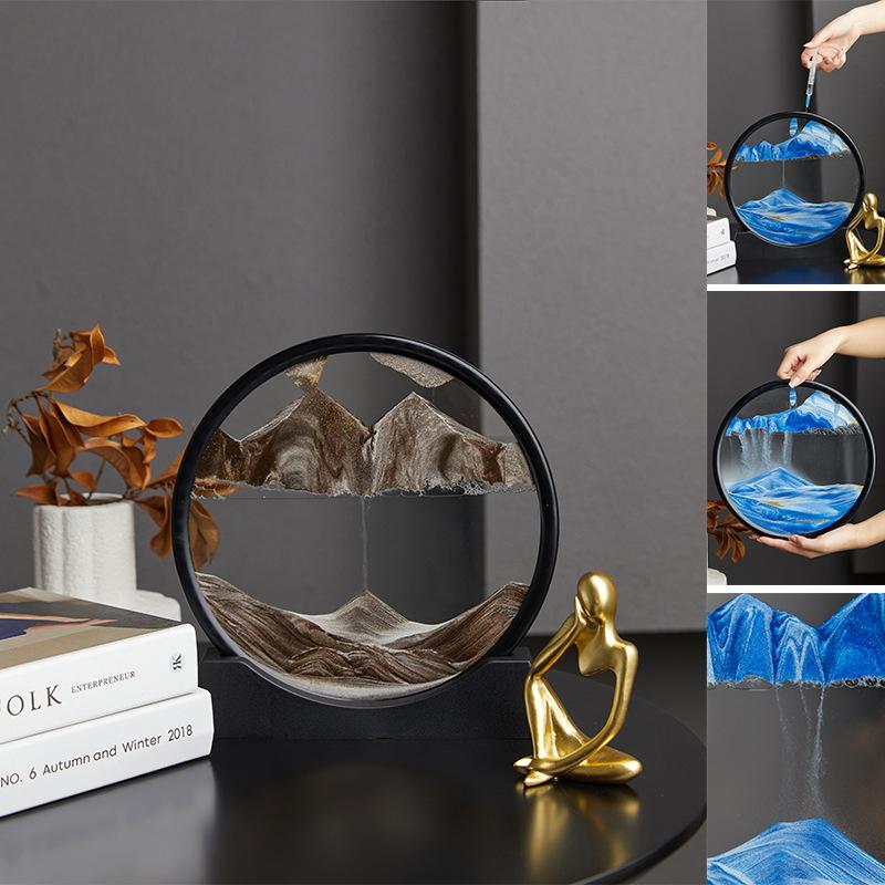Imagen artística de arena en movimiento 3D, vidrio redondo, paisaje de arena de las profundidades marinas, reloj de arena, artesanía de arena movediza, pintura de arena fluida, decoración del hogar y la oficina, regalo