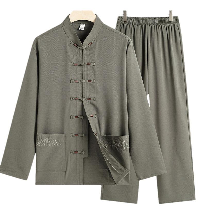 Autumn Solid Color Tang Suit for Middle-Aged & Elderly Men: Loose Fit, Large Size, Perfect for Morning Exercise & Daily Casual Wear