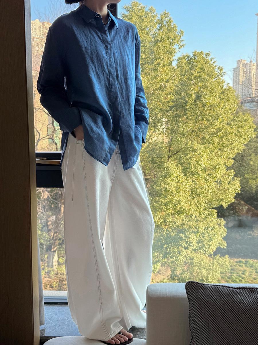 

SuZhen Women s Slimming Blue Linen Long Sleeve Cardigan Shirt L (60-68kg)