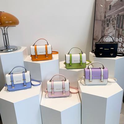 Fashionable Texture Contrasting Color Splicing Fashion Spring New Simple Retro One-shoulder Side Strap Handheld Small Square Bag for Women