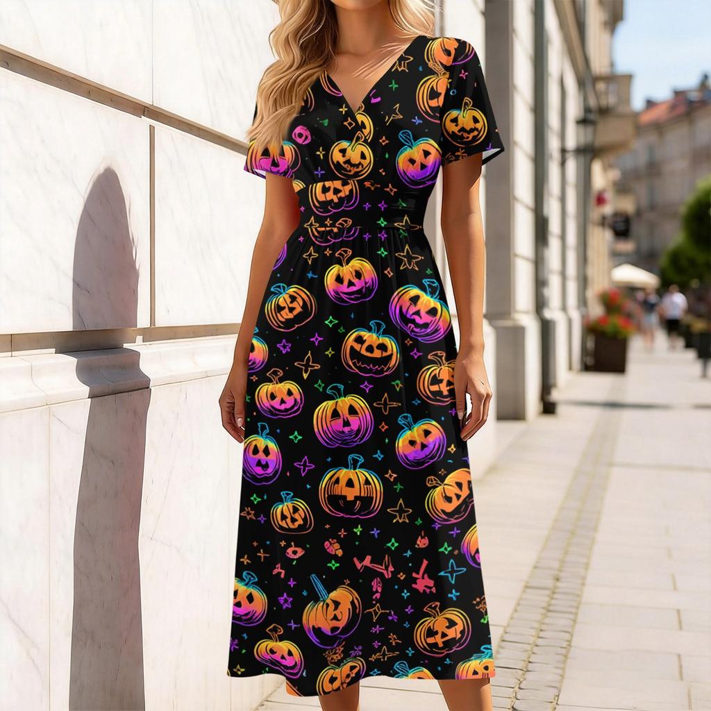 Women's V-Neck Short Sleeve Halloween Print Casual Dress for Halloween Party