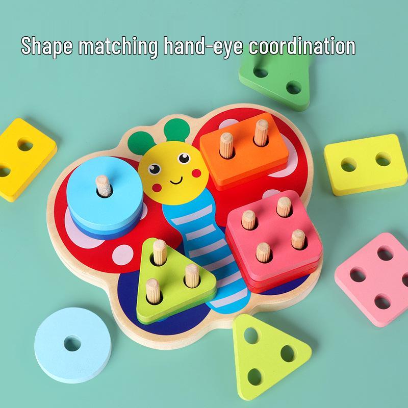Wooden Stacking Ring Toy - Educational Early Learning, Baby Grasping with Geometric Shape Recognition and Matching Building Blocks