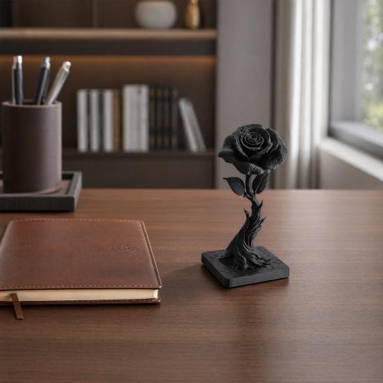 Statua Ornamentale Rosa Nera Stampata in 3D DYS, Statuetta Stile Gotico Oscuro, Fiore Decorativo Artistico con Base a Fiamma, Decorazione Raffinata per Casa Ufficio