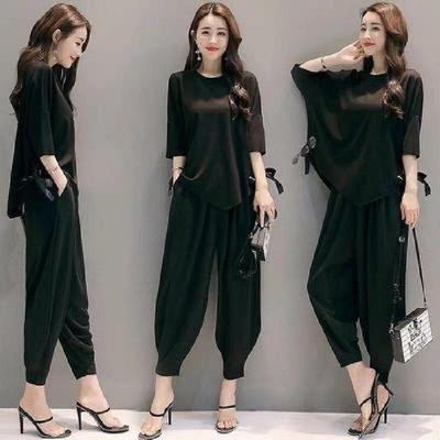 Women's Summer Design Elegant Loose Set Irregular Top + Carrot Pants Two Piece Set