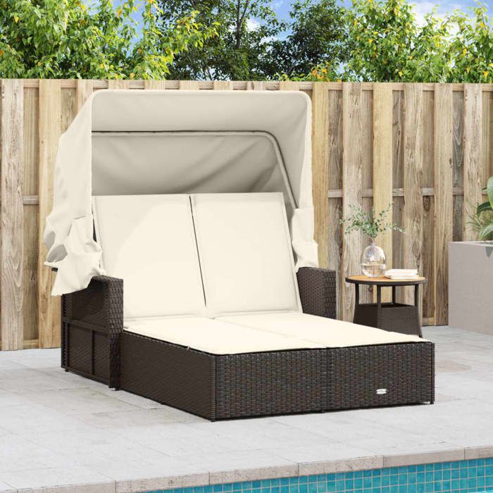 VidaXL Chaise Longue Double avec Auvent et Coussins, Bain de Soleil, Transat de Jardin Patio Terrasse Arrière-cour, Marron 365808