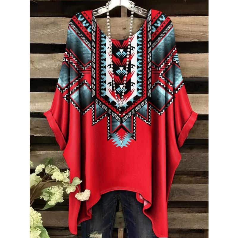

Women T-Shirts Bohemian Vacation Simple Pattern Print Tops Irregular Hemp Round Neck Fashion Versatile Short Sleeve Clothes 2XL