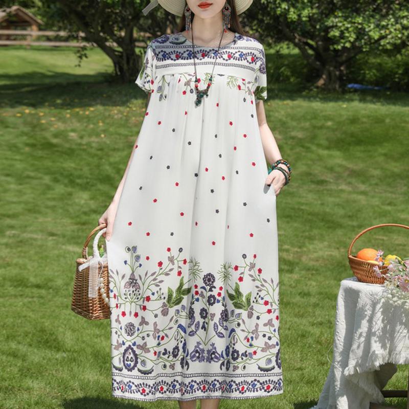 Damen Plus Size Boho-Print Maxikleid, Kurzarm Freizeit-Sonnenkleid (XL-5XL)