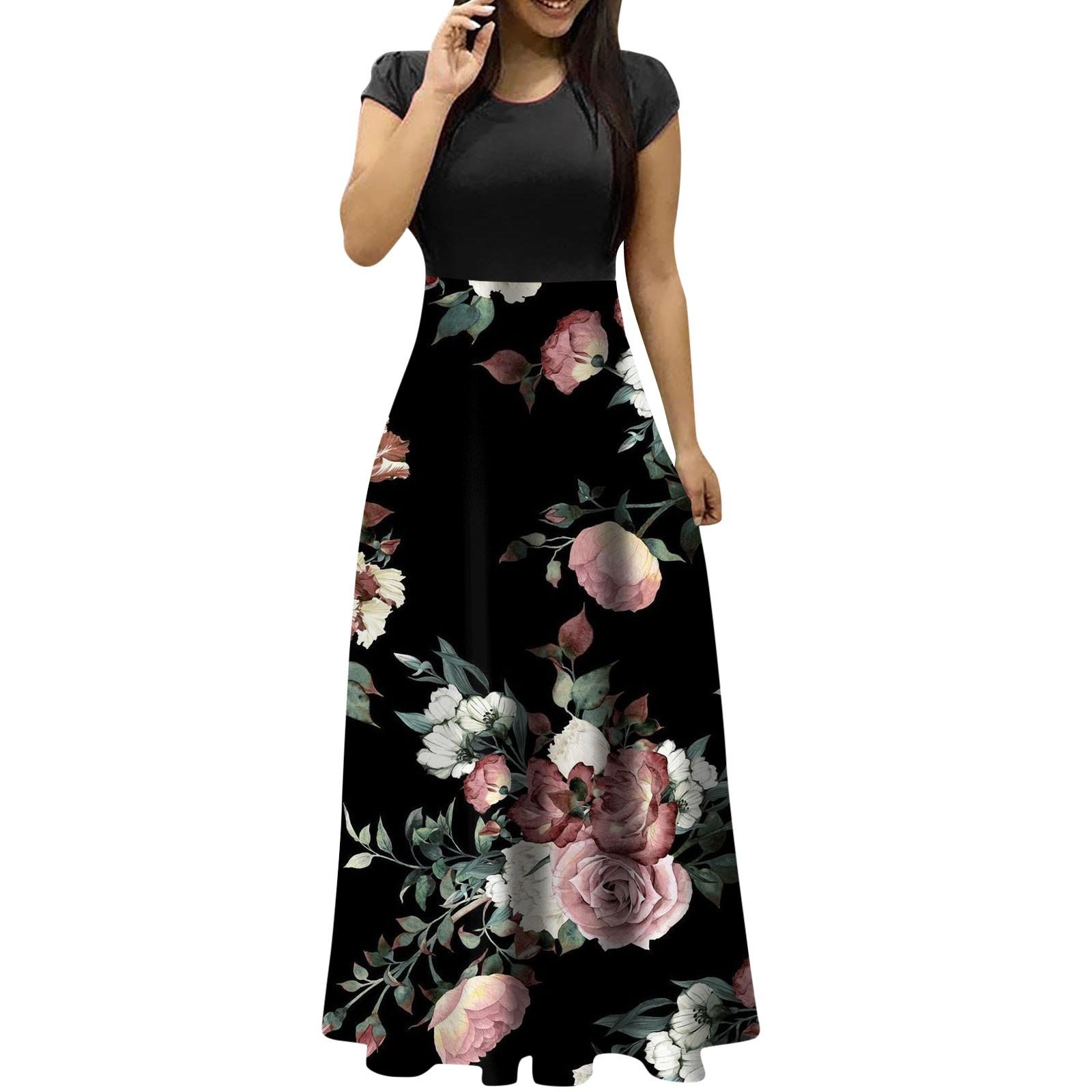 

(SU)Летние платья для женщин 2023, модные повседневные платья макси большого размера с цветочным принтом и круглым вырезом, с короткими рукавами