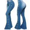 High Waist Multi Pockets Button Fly Hip Lifting Flare Jeans Washed Rivet Decor