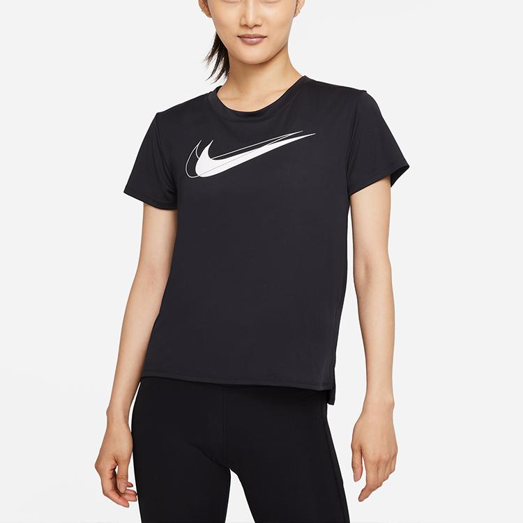 Nike Dri-Fit Swoosh Run Contrast Logo Print Reflective Moisture-Wicking Quick-Dry Round Neck Short Sleeve T-Shirt Women Tops Black DD4899-010