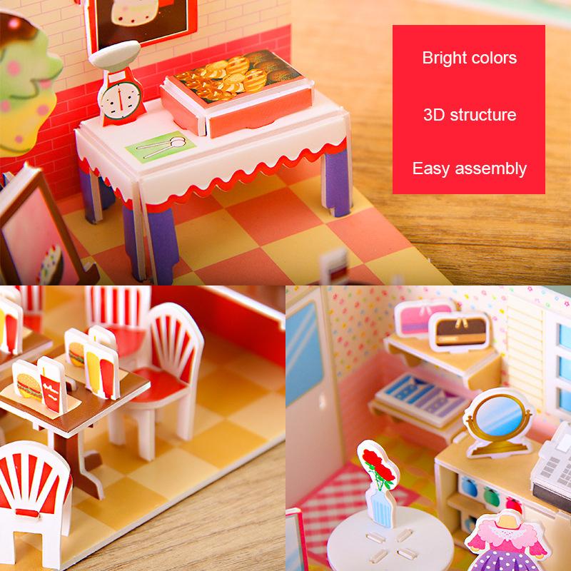 Cardboard Puzzle 3D House Room Shops Model Puzzle Toys Kids Handmade DIY Assembling Toys