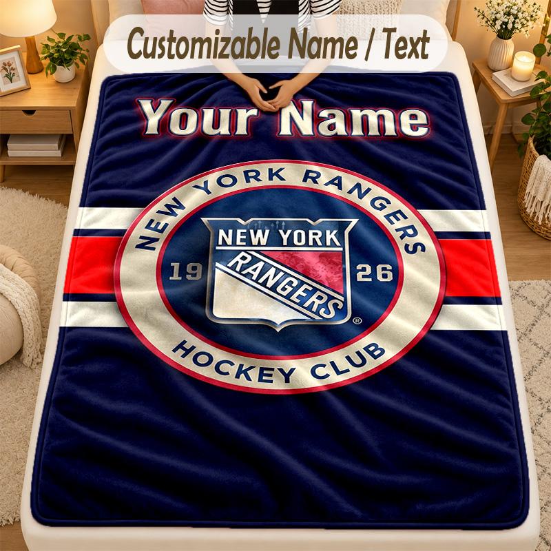 Flannel BlanketNew York Rangers Custom Name Text Personalized Soft Warm Throw Blanket Home Decor Gift