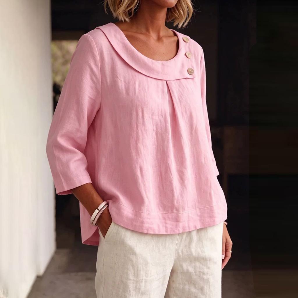 Women's Casual Linen Top with Round Neck and Three-Quarter Sleeves for Work and Daily Wear