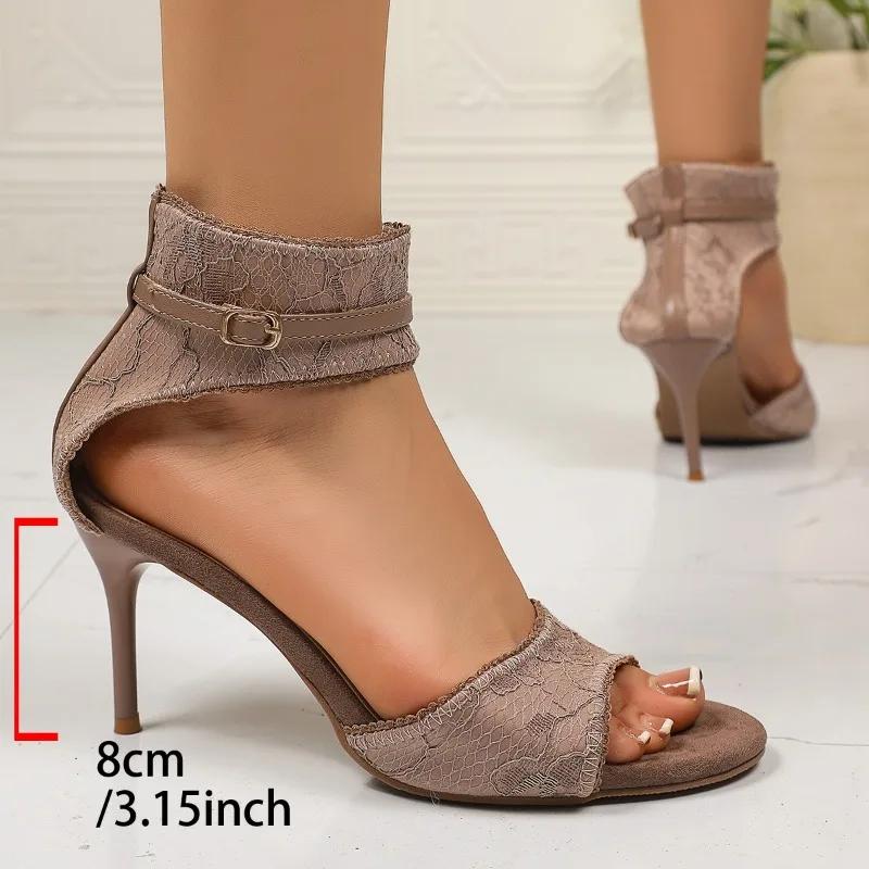 Fashion Women's Outward Wear Summer New Lace Hollow High Heels Fashion Stiletto Sexy One-word Belt Open-toe Non-slip Sandals