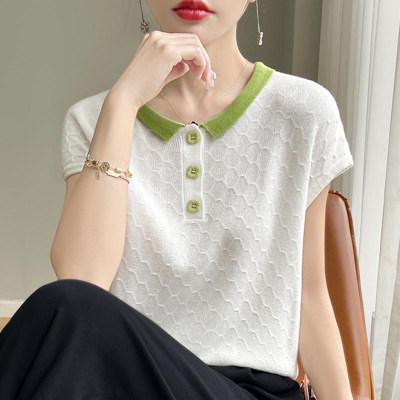 

Женский летний трикотажный свитер с коротким рукавом и лацканами, новый корейский стиль, универсальный, тонкий базовый топ-футболка XL белый