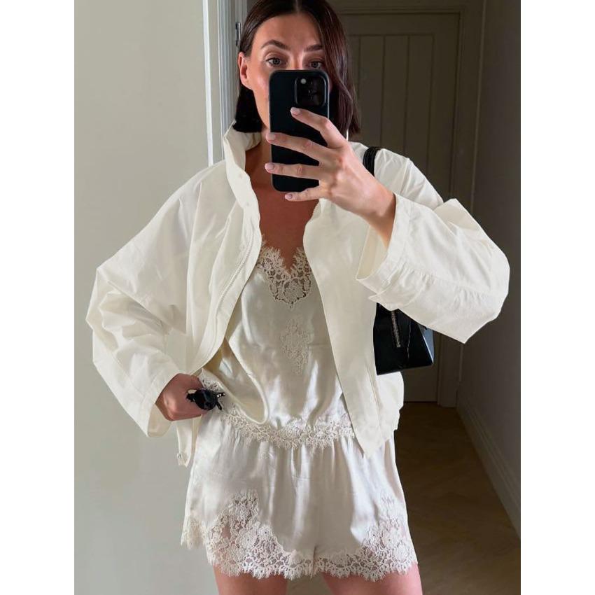 Autumn and Winter New Loose Drawstring Outdoor Jacket Design Sense White Black Stand-up Collar Trench Coat