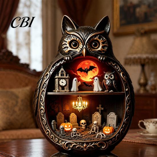 Vintage Wood Halloween Wooden Owl Tabletop Centerpiece, 2D Flat Pumpkin Ghost Bat Art Skeleton Standing Table Sign for Party, Shelf, Desk Decor Shelf
