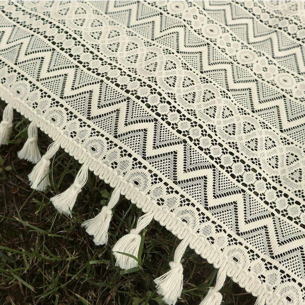 1pc Lace Fabric Tassel Edge Picnic Mat with Wave and Triangle Pattern,Picnic Blanket Suitable for Camping and Family Gatherings