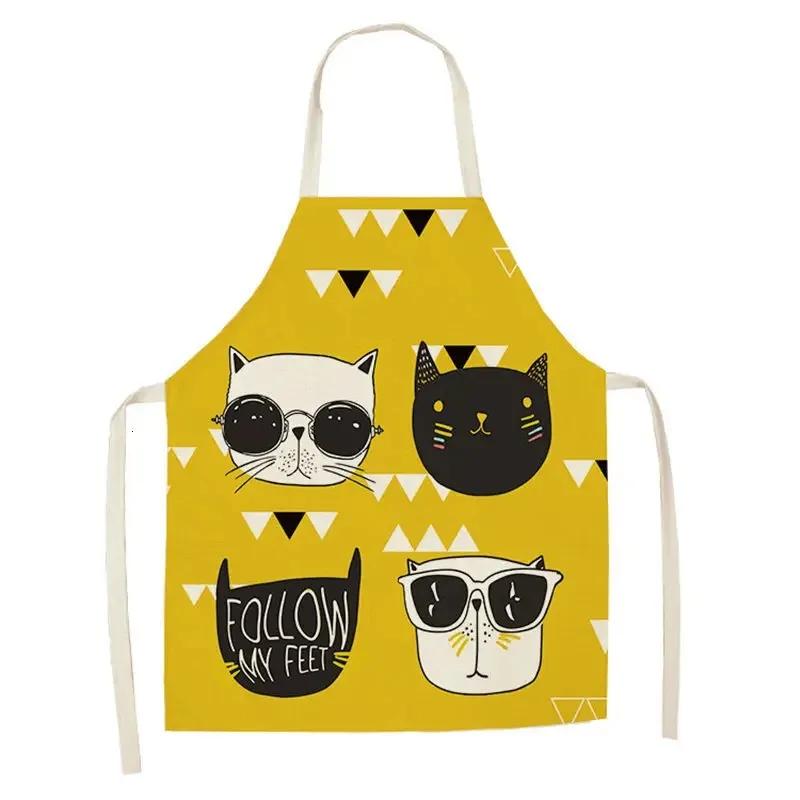 Lovely Cartoon Cats Kitchen Aprons for Women Cotton Linen Bibs Household Cleaning Pinafore Home Cooking 55x68cm