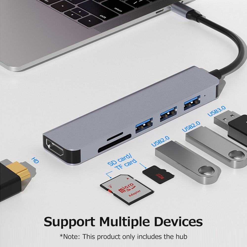 

Концентратор Type-C 6-в-1 Многофункциональный преобразователь Type-C Корпус из алюминиевого сплава с портами USB3.0 USB2.0 HD